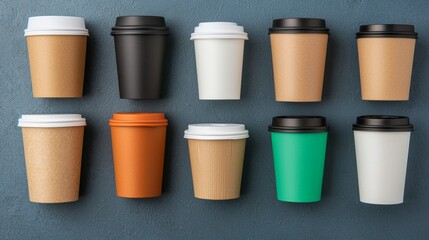 Various coffee cups arranged in a grid on a textured background