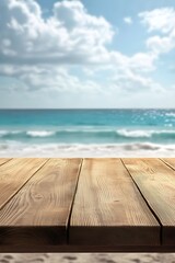 Fototapeta premium Empty wooden tabletop against a blurred beach backdrop with empty space for product placement 