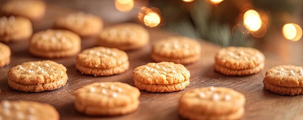 Close-up of delicious golden cookies arranged on a wooden surface, perfect for festive occasions and sweet treats.