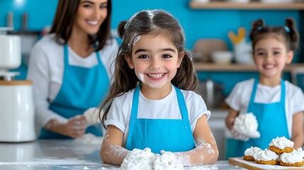 Smiling Girls Baking with Flour in Modern Kitchen