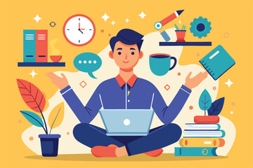 A person works on a laptop while balancing tasks and managing various items around them, Customizable flat illustration for multitasking.