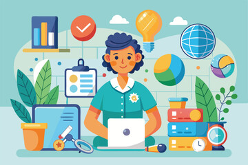 Fototapeta premium A character engages with a laptop surrounded by educational tools and colorful elements representing learning, Customizable flat illustration for occupational therapy.