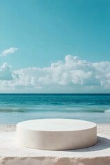Minimal white podium on beach with ocean view and blue sky background for displaying product 