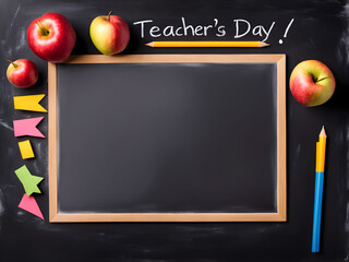 Teacher's day greeting card on black chalkboard background. Top view. Copy space.