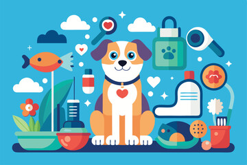 A cheerful dog sits among various pet care items like food bowls, toys, and health products, Customizable flat illustration for pet care.