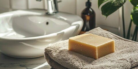 Natural beige soap bar on light grey towels beside a vessel sink in a bathroom, featuring a blank label and brand packaging mockup in a close-up view.
