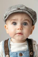 Infant boy with a stylish cap and suspenders, giving a charming look towards the camera in a studio