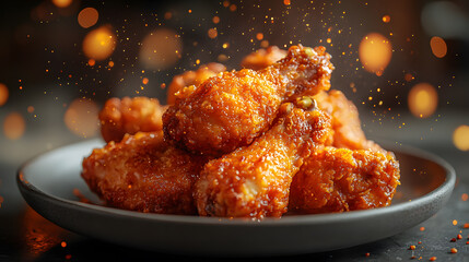 Delicious crispy chicken wing piled on a plate, coated in savory sauce, creating a mouthwatering and appetizing dish.