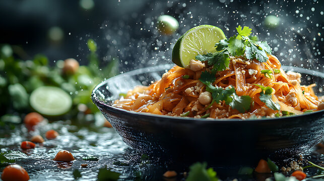 Delicious pad thai dish garnished with lime and fresh herbs, highlighted by vibrant colors and a splash of water for an appetizing look.