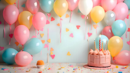 Colorful birthday celebration with pastel balloons and a beautifully decorated cake featuring candles and party decorations