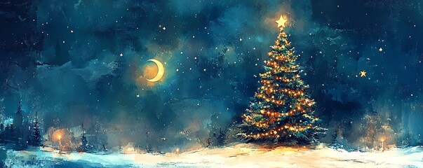 Christmas tree, star and moon decorations, celestial holiday theme, watercolor style
