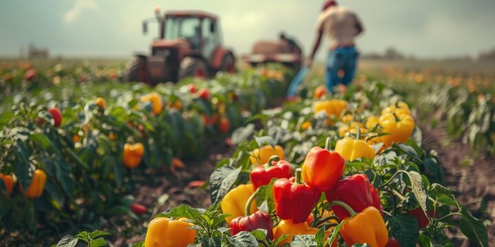 Harvesting Yellow and Red Bell Peppers by Agricultural Workers on a Farm Workers collecting peppers alongside a tractor in the fields Seasonal vegetable collection in a rural setting