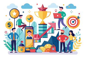 Naklejka premium This illustration showcases various elements symbolizing success in business and personal development, Customizable flat illustration for success factors.