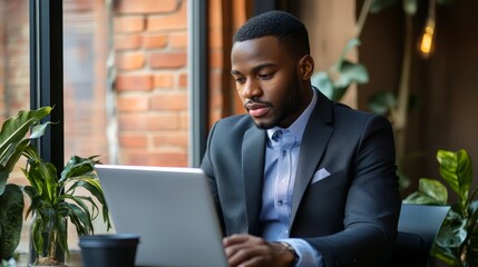 Fototapeta premium African American Businessman Working on Laptop in Cafe