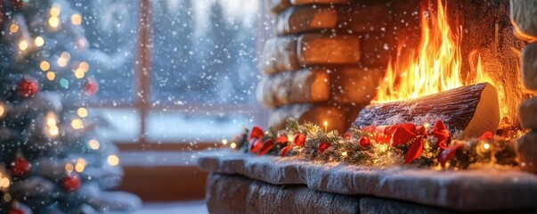 A cozy winter scene featuring a crackling fireplace, warm glow, and festive decorations by a snowy window.