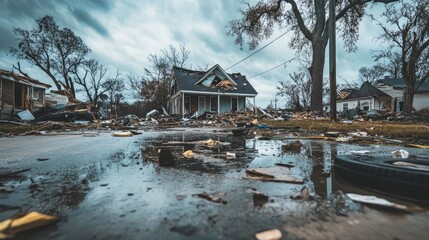 Damaged House and Debris After Storm