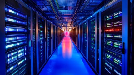 Server Room Data Center Technology Infrastructure With Blue And Red Lights