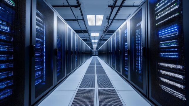 Server Room Corridor with Data Center Racks and Grid Floor