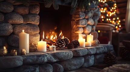 Cozy fireplace adorned with candles and pine cones, perfect for a warm holiday atmosphere during winter celebrations.