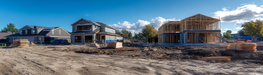 Naklejka premium New Home Construction Site with Frame Houses and Blue Sky