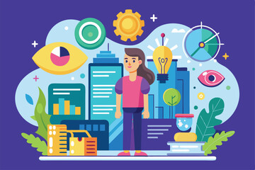 A customizable illustration features a person surrounded by symbols of innovation and vision in a cityscape, Customizable flat illustration for vision statement.