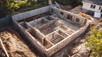 Aerial View of New Home Construction Foundation