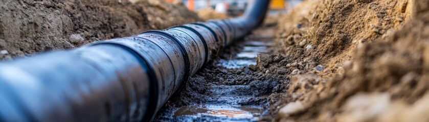 Large Drainage Pipe in Construction Site Trench