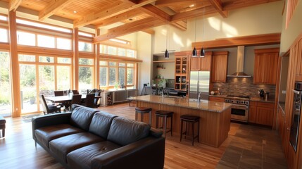 Fototapeta premium Modern Kitchen and Living Room with Wood Beams and Large Windows