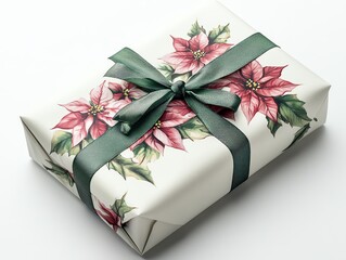 Gift wrapped in white paper, decorated with handpainted poinsettias and green ribbon, artistic holiday style, isolated on white background