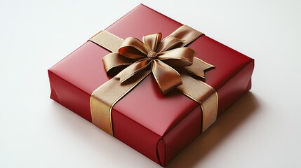 Obraz premium Glossy red gift wrapping with gold ribbon, festive holiday theme, realistic 3D render, isolated on white background