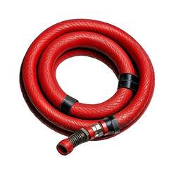 Neatly Coiled Red Fire Hose with Nozzle on White Background
