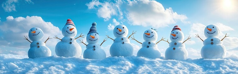 Obraz premium Happy snowman family with a bright blue winter sky