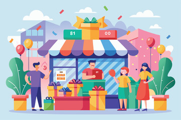 Fototapeta premium People gather outside a store for a giveaway event featuring colorful gifts and festive decorations, Customizable flat illustration giveaway at the shop.