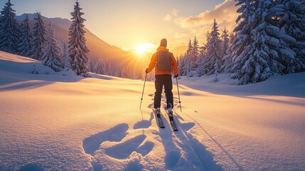 Snowshoe trekking adventure through snowy forest at sunrise