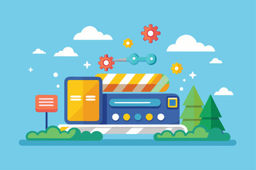 A colorful flat illustration showcases a loading design featuring gears, trees, and clouds in a vibrant setting, Customizable flat illustration loading.