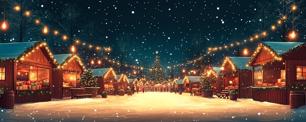 Outdoor Christmas market with festive lights, flat design illustration