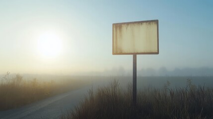 Blank Signpost in Foggy Morning Landscape