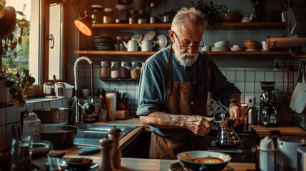 Senior man brewing coffee in a vintage kitchen setup early in the morning