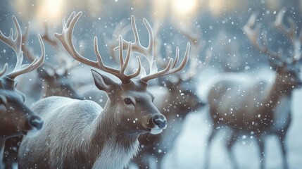 A serene winter scene featuring a herd of majestic reindeer in a snowy landscape, evoking a sense of tranquility and nature's beauty.