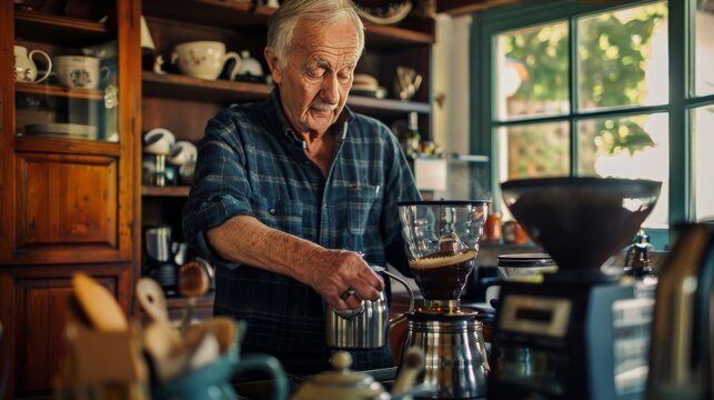 Senior man brewing coffee in a vintage kitchen setup early in the morning