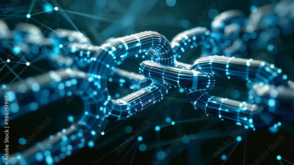 Poster digital chain of links interconnected. it symbolizes secure data and network connections, emphasizin