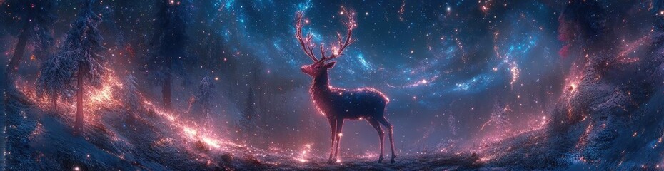 A mystical deer stands in a vibrant cosmic landscape, surrounded by swirling galaxies and ethereal colors, creating a dreamy atmosphere.