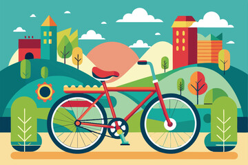 Explore a vibrant landscape featuring a bicycle ride among hills, trees, and charming buildings under a sunny sky, Customizable flat illustration of a bicycle ride.
