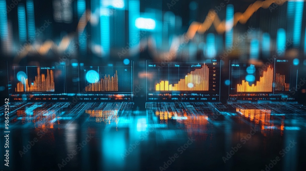 Wall mural digital displays with financial data and blurred background