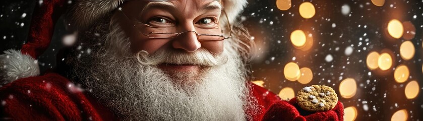 Cheerful Santa Claus holds a cookie, spreading holiday joy with twinkling lights in the background. Perfect for Christmas themes.