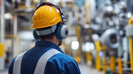 Industrial Worker Wearing Safety Gear and Headphones - Powered by Adobe