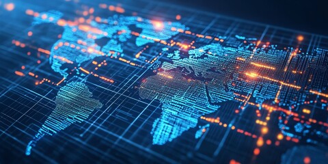 A digital world map formed by glowing dots and lines on a dark blue background.