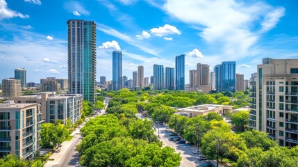 Fototapeta premium Modern Cityscape with Skyscrapers and Green Trees