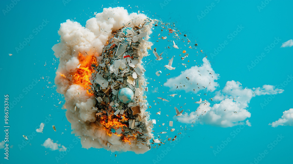 Poster this striking image illustrates dramatic explosion of debris and clouds, symbolizing clash between d