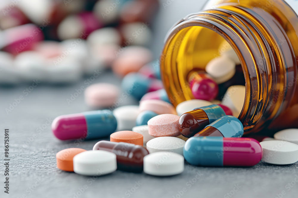 Poster image features variety of colorful pills and capsules scattered around overturned amber bottle, creating vibrant and chaotic scene that evokes sense of urgency and concern